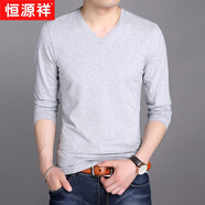 恒源祥新款男士長(cháng)袖棉t恤v領(lǐng)純色百搭修身秋冬季內搭休閑加絨保暖打底衫