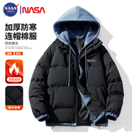 NASA GISS 連帽棉衣男士秋冬棉服男情侶外套加厚保暖青少年棉襖 黑色 2XL 