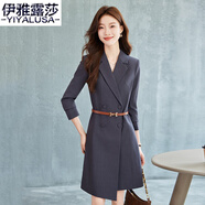 伊雅露莎高端職業(yè)西裝連衣裙長(zhǎng)袖秋季新款商務(wù)中裙休閑面試工作服裙子670 灰色連衣裙+腰帶 L