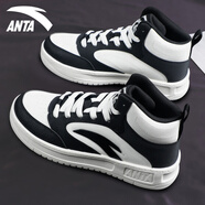 安踏皮面防潑水板鞋男鞋秋冬季保暖高幫韓版厚底學(xué)生跑步休閑運動(dòng)鞋子 -1黑/象牙白-高幫 41