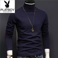 花花公子（PLAYBOY）薄款高領(lǐng)打底衫男士長(cháng)袖t恤純色秋冬季涼爽保暖衣男裝黑白色體恤 半高領(lǐng) 深藍 XL