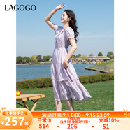 lagogo莫奈紫顯白荷葉邊浪漫裙女拉谷谷2025年夏季新款收腰連衣裙 淺紫色 M