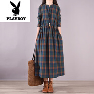 花花公子（PLAYBOY）2025年秋季新款大碼女裝復古收腰氣質(zhì)顯瘦棉中長款格子襯衫連衣裙 藍色 M 【建議85-110斤】