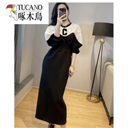 啄木鳥(niǎo)（TUCANO）POLO領(lǐng)連衣裙春秋新款牛仔藍拼接顯瘦休閑衛衣冬季開(kāi)叉收腰長(cháng)裙女 黑白色字母C(常規款) L