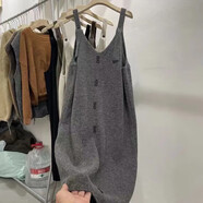 TXGX純色針織吊帶連衣裙女春秋新款百搭V領(lǐng)中長(zhǎng)款寬松背帶毛衣 灰色 M