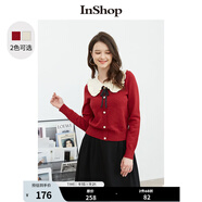 InShop【商場同款】新款甜美花邊娃娃領針織衫女蝴蝶結氣質上衣 復古紅色 S