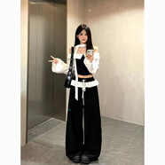 PMOG韓版套裝女一字肩波點(diǎn)拼接長(cháng)袖襯衫上衣女高腰花邊闊腿褲三件套女 拼接黑色長(cháng)袖 M