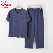 北極絨夏季薄款圓領(lǐng)開衫短袖長褲套裝中老年純棉家居服睡衣男士半袖T恤 灰藍(lán)色（短袖+長褲） 2XL （建議120-140斤）