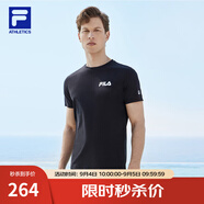 FILA官方男子短袖T恤夏季簡(jiǎn)約圓領(lǐng)運(yùn)動(dòng)男裝上衣休閑針織套頭衫 深黑-BK（新版） S 165/88A