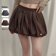 UNIFREE條紋波點(diǎn)毛呢半身裙韓系新品復古高腰通勤百褶短裙花苞裙 咖色 M