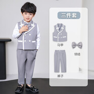 靚琪佳男童西服春款英倫紳士馬甲套裝男孩周歲生日花童婚禮服六一演出服 淺灰3件套(馬甲+長褲+領結) 80 cm：建議體重15-20斤