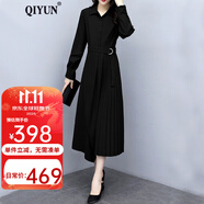 QIYUN 秋款新款大碼韓版長袖襯衫裙子中長款收腰顯瘦氣質連衣裙 黑色 XL建議120-135斤