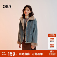 森馬（Semir）牛仔棉服女拼接毛領(lǐng)美式復(fù)古2024冬寬松毛邊夾克街頭109724108017