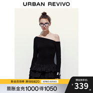UR2025秋季新款女裝潮流斜肩拼接蛋糕修身連衣裙UYV750092 正黑 (偏短) 2XL