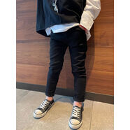 男女童薄絨牛仔褲子小腳修身鉛筆褲2024秋冬寶寶街舞兒童小黑長褲 黑色單褲 100