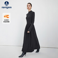 Navigare意大利小帆船女士秋冬長袖連衣裙保暖大裙擺長裙2332875508黑M
