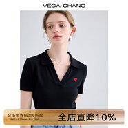 VEGA CHANG愛心針織t恤女2025夏款設計感polo領法式短袖提花上衣 寂靜黑 M