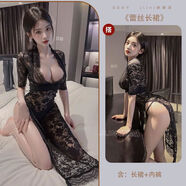 情侶內褲情侶款激情丁字女內c字庫開(kāi)襠褲透明性感平角夫妻辣蕾絲 蕾絲長(cháng)裙黑高開(kāi)叉長(cháng)裙+T褲 M