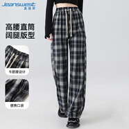真維斯（Jeanswest）休閑褲女秋季高腰直筒寬松抽繩顯瘦格子格紋闊腿褲女藏青格S
