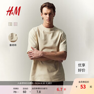 H&M男裝女裝T恤情侶裝重磅純棉寬松透氣圓領(lǐng)紅色短袖打底衫0608945 淺米色 XL 180/116 oversize寬松版型