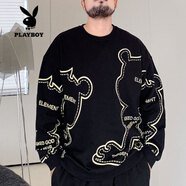 花花公子（PLAYBOY）大碼男裝胖子加肥加大寬松圓領(lǐng)卡通印花衛(wèi)衣秋季加絨加厚冬季特大 黑色  新潮W37 加絨 XL