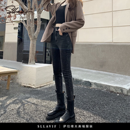 薩拉維夫（SLLAVIF）2025年新款冬季高腰加絨深藍色牛仔褲女修身顯瘦緊身小腳毛邊靴褲 灰黑色(九分)春秋 27