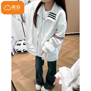 棉致美式條紋翻領(lǐng)外套女春秋季2025新款寬松開(kāi)衫衛衣棒球服夾克上衣 3158淺灰色【常規高品質(zhì)33.5】 XL 120-135斤