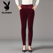 花花公子（PLAYBOY）中老年媽媽女褲冬裝長褲加絨加厚寬松高腰松緊休閑褲媽媽保暖棉褲 酒紅色 4XL