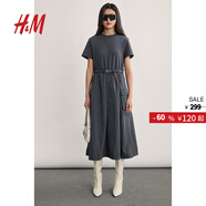 H&M女裝連衣裙秋季休閑圓領(lǐng)短袖喇叭中長(cháng)連衣裙1233304 深灰色 155/80
