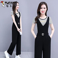 啄木鳥(niǎo)（TUCANO）闊腿背帶褲套裝女夏2025新款黑色修身小個(gè)子感減齡九分連體褲 條紋上衣+背帶褲 M 80-100斤