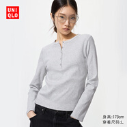 優(yōu)衣庫女裝羅紋亨利領(lǐng)T恤/長袖修身短款內(nèi)搭打底25新款479591 02 淺灰色 S /155/80A