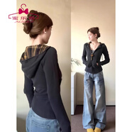 蜜樂奇美式復(fù)古格子連帽毛衣外套女春秋季修身收腰短款針織開衫辣妹上衣 深灰色 M (建議95-105斤)