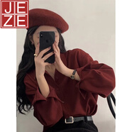 JEZE法式復古紅色襯衫女春秋小個(gè)子休閑寬松襯衣內搭疊穿翻領(lǐng)雪紡上衣 酒紅色【z】 M 105-115斤