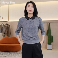 Mayya Plus氛圍感撞色娃娃領(lǐng)波點(diǎn)針織衫女早秋中袖減齡上衣 淺灰色 2XL
