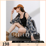 三彩2025秋季新款格紋襯衫寬松中長款襯衣開衫翻領(lǐng)休閑復(fù)古M 藏青色格紋 S