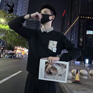 花花公子（PLAYBOY）潮流休閑條紋襯衫領(lǐng)假兩件衛(wèi)衣男秋冬季時(shí)尚刺繡青男裝長(zhǎng)袖體恤 官方旗艦JL-D39--黑色 常規(guī) M 建議85-100斤