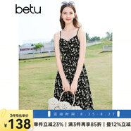 百圖betu女裝春夏新款印花連衣裙顯瘦可調節吊帶連衣裙女2403T99 黑色 M
