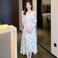 碎花遮胯長裙2025秋季新款長袖仙女裙腳踝仙氣森系氣質(zhì)雪紡連衣裙 杏色 M
