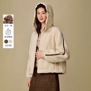 茵曼皮毛一體連帽仿羊羔絨外套2025冬女裝新款刺繡寬松上衣 杏色 XL