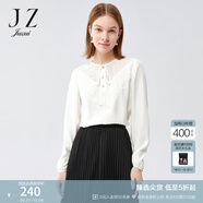 玖姿（JUZUI）蕾絲拼接氣質(zhì)雪紡衫春款女優(yōu)雅通勤系帶簡約上衣 米白 L