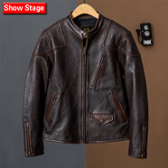 Show Stage 定制加厚頭層茶芯牛皮毒液真皮皮衣潮流植鞣高品質(zhì)夾克復古外套 深棕色 XL (175)