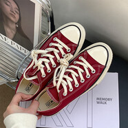 R RED DRAGONFLY紅蜻蜓2025秋新款帆布鞋低幫小白鞋米色男百搭網情侶板鞋 酒紅色低幫 38