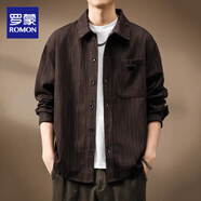 羅蒙（ROMON）高級感日系竹節紋襯衫外套男士春夏寬松大碼復古上衣工裝長(cháng)袖襯衣 深棕色 M （100-120斤）