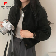 皮爾卡丹（pierre cardin）韓國chic秋冬法式復(fù)古機(jī)車小立領(lǐng)開衫減齡寬松燈籠袖短款毛呢外套 黑色 均碼