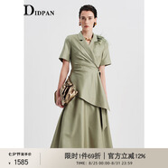 IDPAN通勤西裝連衣裙女夏季2025新款圍裹式假兩件設(shè)計(jì)精致荷葉邊裙子 軍綠 S