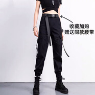 冠貿(mào)裴高腰顯瘦棉質(zhì)工裝褲女春秋薄款多口袋寬松束腳9分褲酷炫透氣 黑色【腰帶】 S