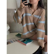 復(fù)古條紋加厚毛衣外搭上衣女韓國秋冬寬松針織衫短褲兩件套 卡其色 均碼