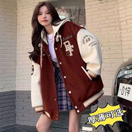 俞兆林（YUZHAOLIN）美式夾棉棒球服外套女2025秋冬加厚學(xué)生寬松連帽百搭夾克棉服外套 A44圣誕紅冬季加棉款 【帽子可脫卸】 S 【建議70-80斤】