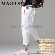 MAGIOPY奢侈高端品牌牛仔褲男士夏季刺繡拼接破洞卷邊修身時(shí)尚痞帥九分褲 白色 33