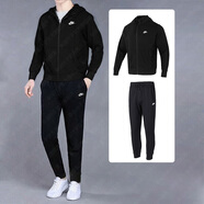 耐克（NIKE）運動套裝男子兩件套 跑步健身訓練外套夾克簡約時尚帥氣 休閑長褲 針織套裝/連帽外套黑拉鏈+束腳長褲 2XL/185
